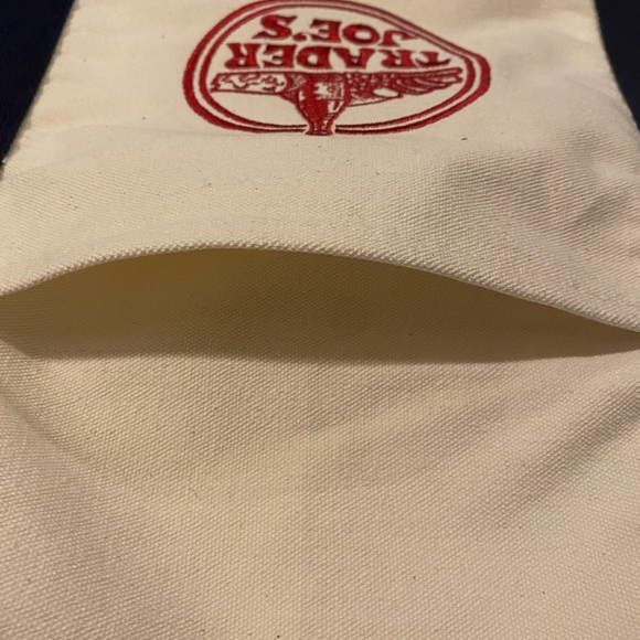 Trader Joe’s Canvas Tote with Logo White Blue 2 Pockets NEW reusable bag - Picture 3 of 3